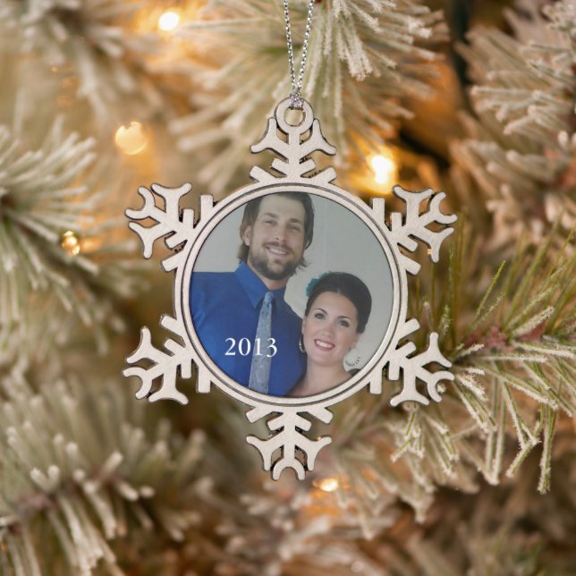 Personalisiertes Foto Retro Garland Couple's Foto Schneeflocken Zinn-Ornament (Baum)