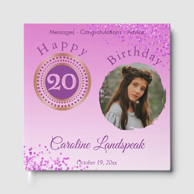 Personalisiertes Foto Rosa Glitzer, 20. Geburtstag Gästebuch (Vorderseite)