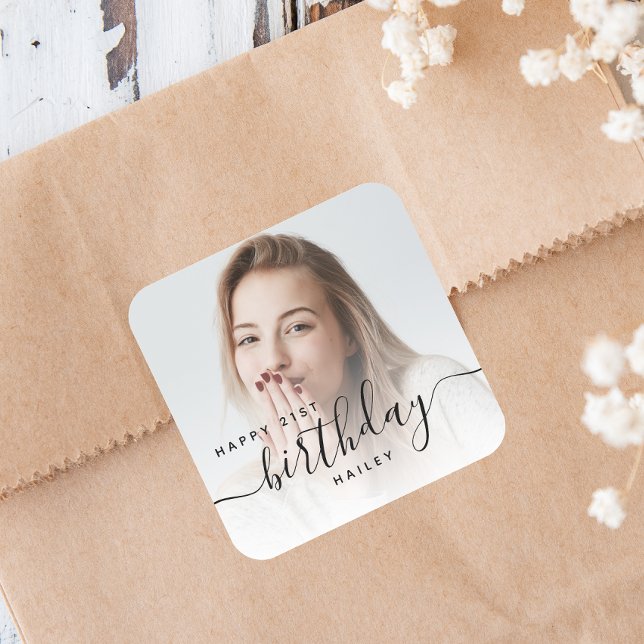 Personalisiertes Foto Schwarze Schrift 21. Geburts Quadratischer Aufkleber (Von Creator hochgeladen)