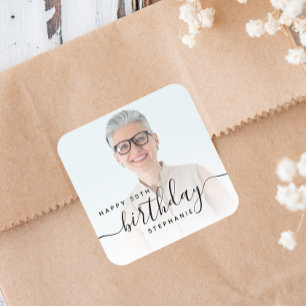 Personalisiertes Foto Schwarze Schrift 50. Geburts Quadratischer Aufkleber