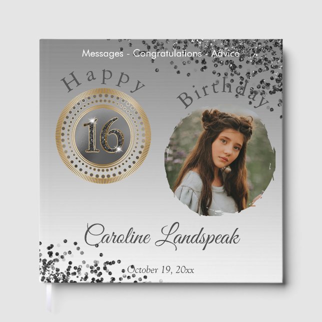 Personalisiertes Foto Schwarzer Glitzer Sweet 16 G Gästebuch (Vorderseite)