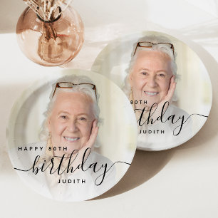 Personalisiertes Foto Schwarzes Script 80. Geburts Pappteller