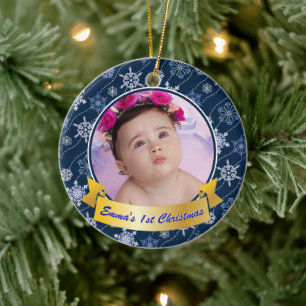 Personalisiertes Foto Snowflake Navy Blue Keramik Ornament