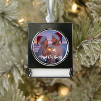 Personalisiertes Foto & Text Weihnachten 2025 kund Banner-Ornament Silber