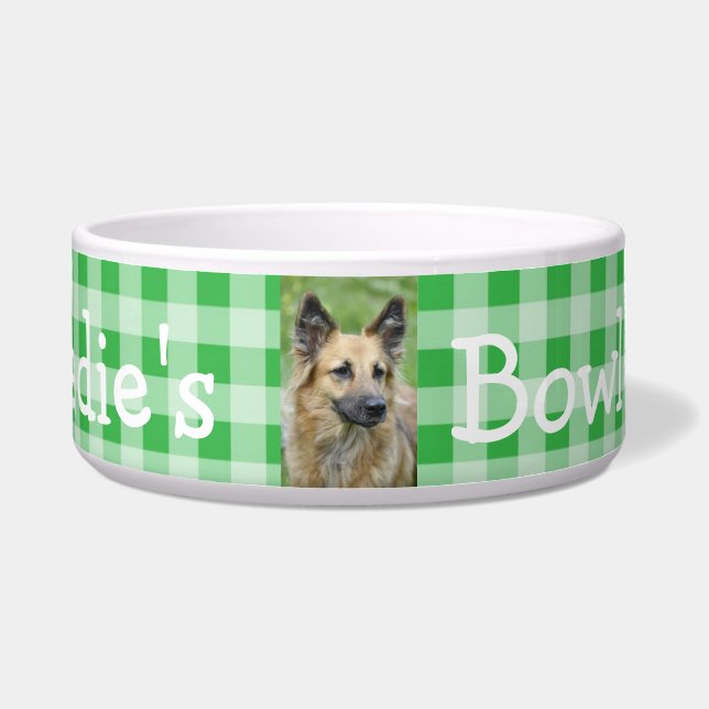 Personalisiertes Foto und Name Dog Bowl Green Ging Napf (Vorderseite)