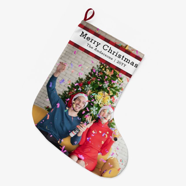Personalisiertes Foto und Name Elegante Großer Weihnachtsstrumpf (Vorderansicht (hängend))