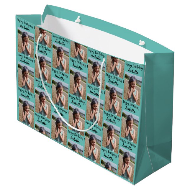 Personalisiertes Foto und Name Geburtswrap Große Geschenktüte (Rückseite Schrägansicht)
