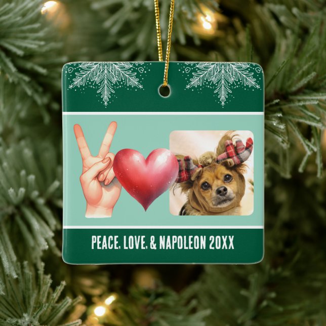 Personalisiertes Foto und Name Liebe Frieden Snowf Keramikornament (Baum)