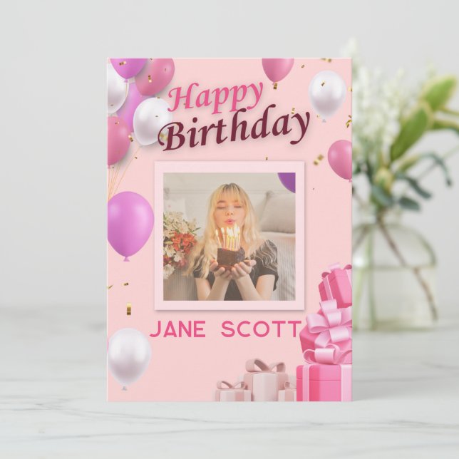 Personalisiertes Foto und Name Pink Ballon Geburts Dankeskarte (Stehend Vorderseite)