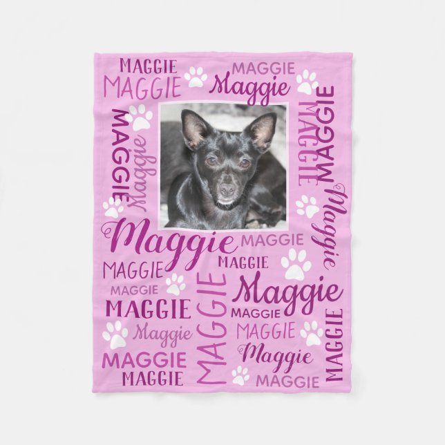 Personalisiertes Foto und Namen Rose Rosa Dog Blan Fleecedecke (Vorderseite)
