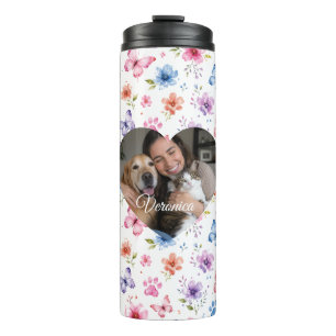 Personalisiertes Foto- und Namens-Blumenmuster Kat Thermosbecher