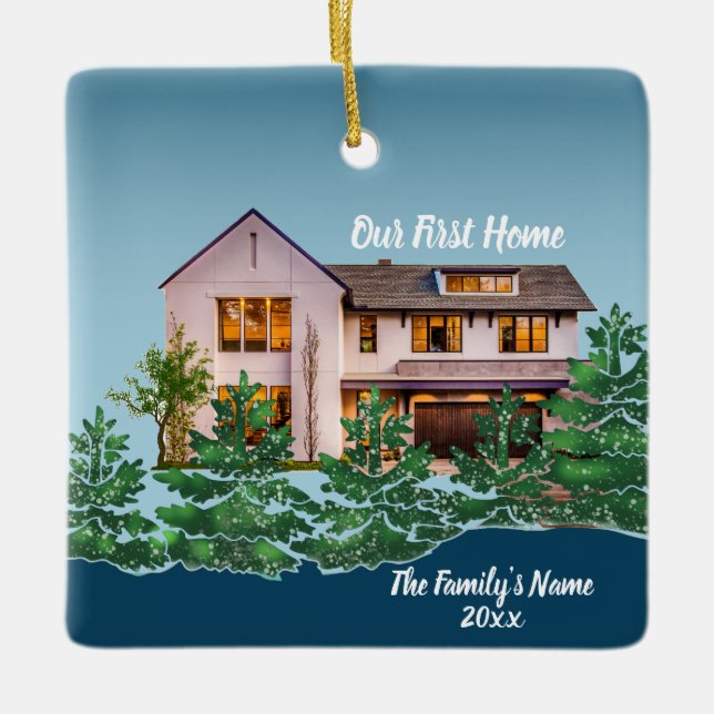 Personalisiertes Foto Unsere erste Zuhause Weihnac Keramikornament (Vorderseite)