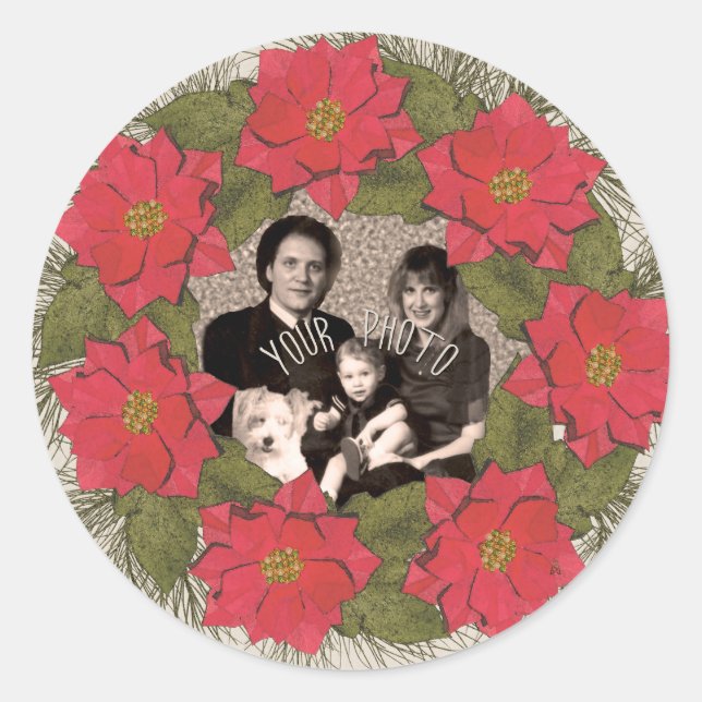 Personalisiertes Foto Wasserfarbe Poinsettia Wreat Runder Aufkleber (Vorderseite)