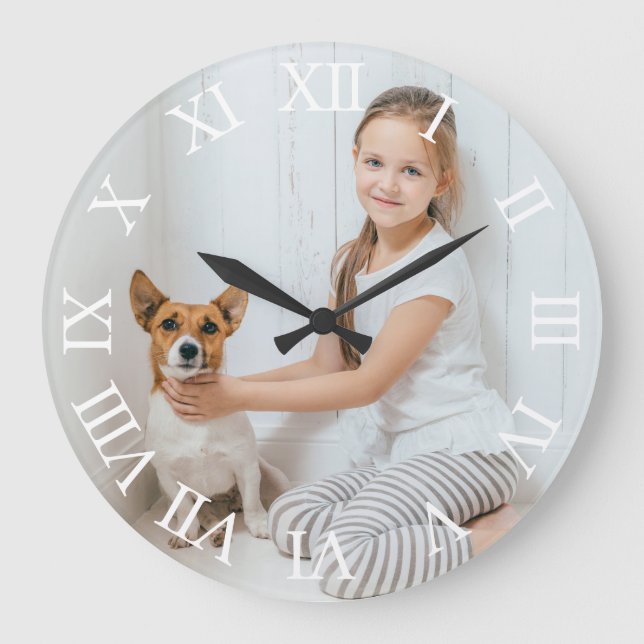 Personalisiertes Foto Weißrömische Zahlen Große Wanduhr (Vorderseite)