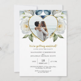 Personalisiertes Foto Weißrosen und Herzrahmen Einladung