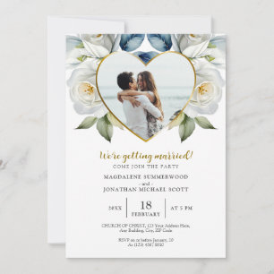 Personalisiertes Foto Weißrosen und Herzrahmen Einladung