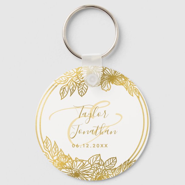 Personalisiertes Foto White Gold Blume Chic Weddin Schlüsselanhänger (Vorderseite)