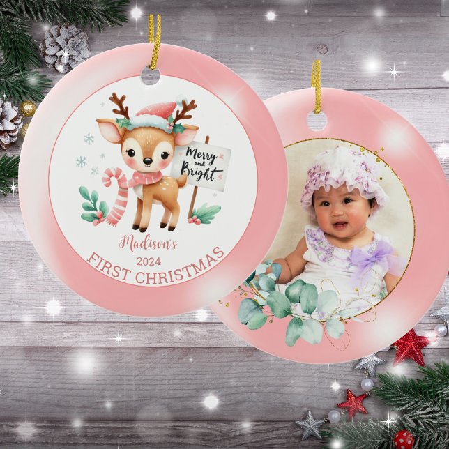 Personalisiertes Foto Woodland Hirsch Weihnachten Keramik Ornament (Von Creator hochgeladen)