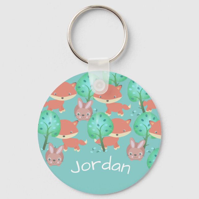 Personalisiertes Fox- und Bunny Woodland-Muster Schlüsselanhänger (Vorderseite)
