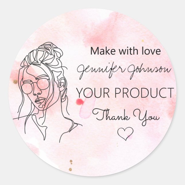Personalisiertes Frauenportrait Pink Runder Aufkleber (Vorderseite)