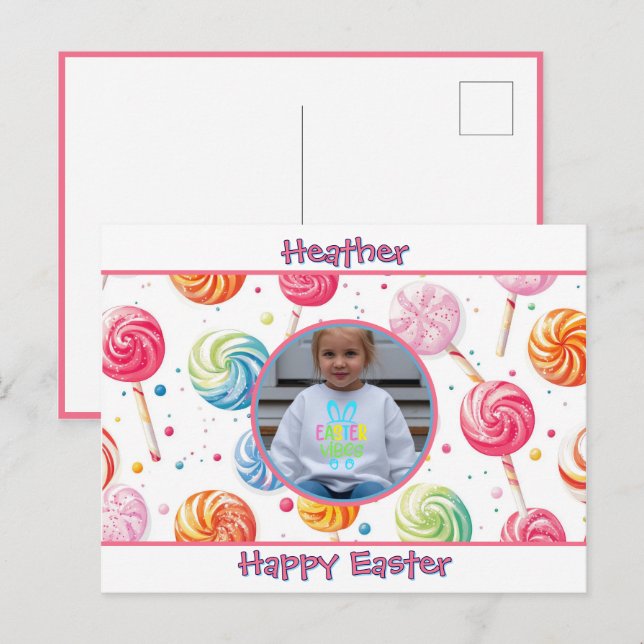 Personalisiertes Frohe Ostern Lutscher Candy Foto Postkarte (Vorne/Hinten)