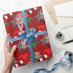 Personalisiertes Frohe Weihnachten Foto T-Rex Geschenkpapier