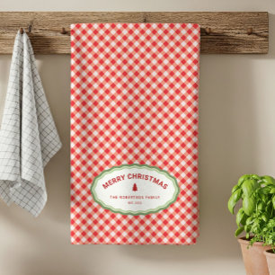 Personalisiertes Frohe Weihnachten Rot Gingham Geschirrtuch