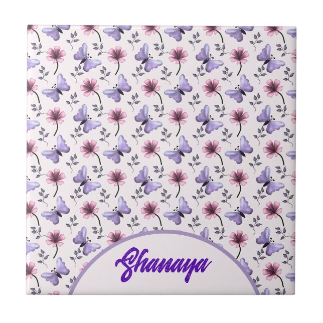 Personalisiertes Frühlings-Schmetterlings-Blumenge Fliese (Vorderseite)
