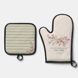Personalisiertes Frühlingsblumen-Watercolor-Botani Ofenhandschuh & Topflappen-Set