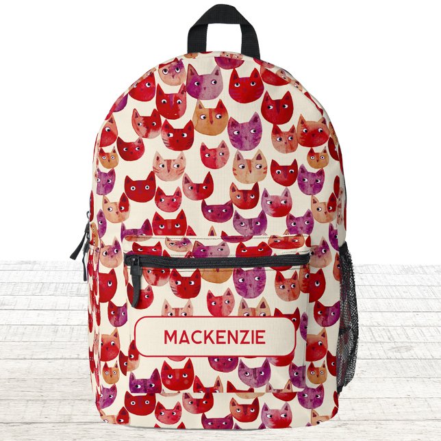 Personalisiertes Fun Farbiges Wasserfarben Muster Bedruckter Rucksack (Fun kitty cat pattern watercolor red orange purple personalized custom name backpack)
