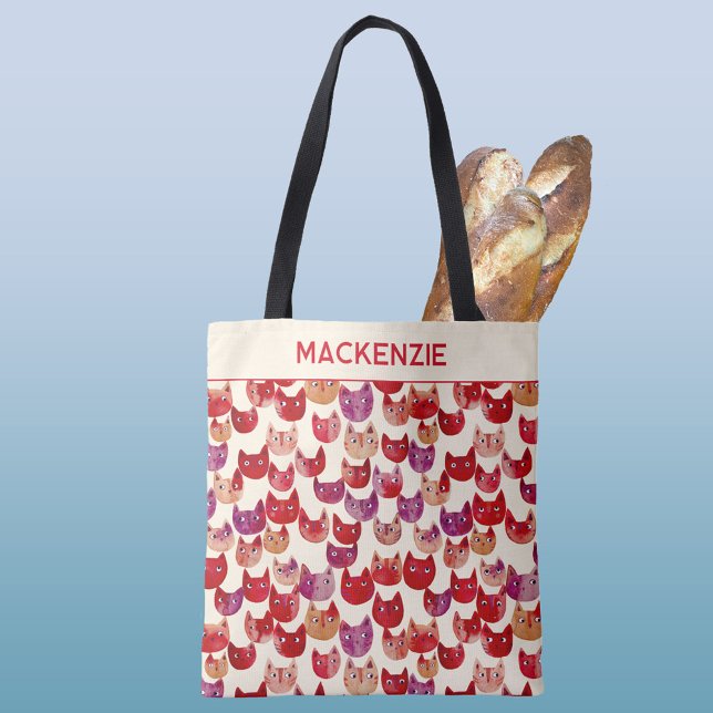 Personalisiertes Fun Farbiges Wasserfarben Muster Tasche (Fun personalized custom name kitty cat watercolor pattern colorful tote bag)