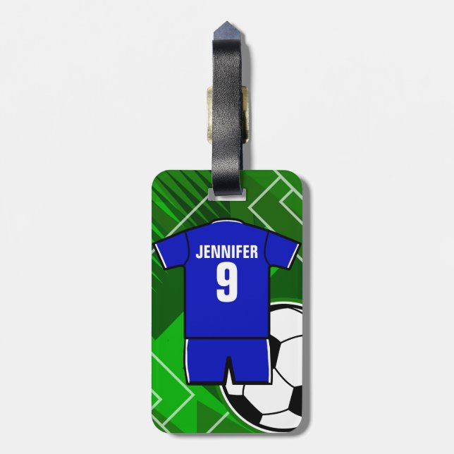 Personalisiertes Fußball-Jersey-Blau mit Weiß Gepäckanhänger (Rückseite vertikal)