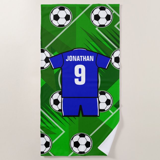 Personalisiertes Fußball-Jersey-Blau mit Weiß Strandtuch (Vorderseite)