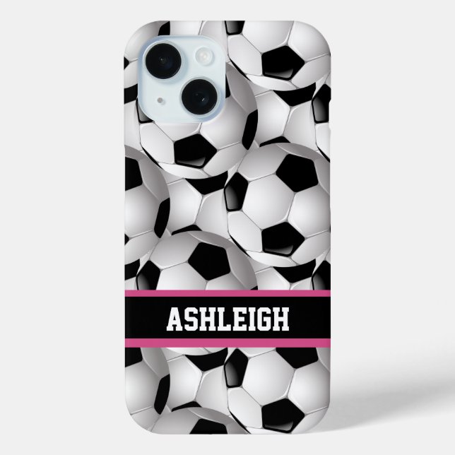 Personalisiertes Fußball-Kugelmuster Schwarz Rosa  iPhone 15 Hülle (Rückseite)