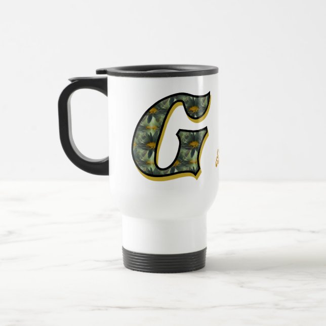 Personalisiertes Gänseblümchen-Monogramm Anfangsbu Reisebecher (Links)