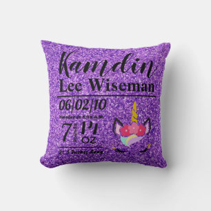 Personalisiertes Geburtshaus Einhorn Lila Glitzer Kissen