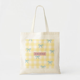 Personalisiertes gelbes Gingham und blaues Band Pa Tragetasche