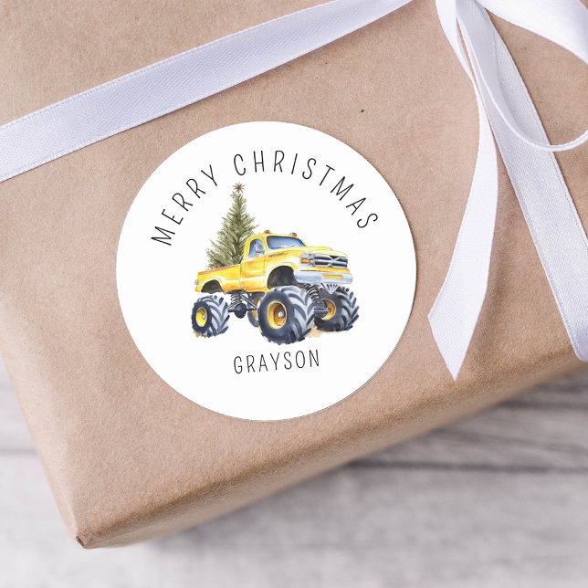 Personalisiertes Gelbes Monster LKW Weihnachtsgesc Runder Aufkleber (Von Creator hochgeladen)
