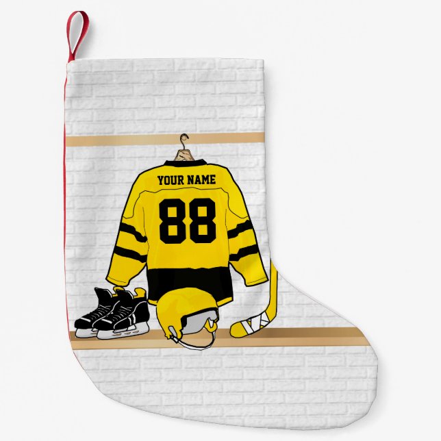 Personalisiertes gelbes und schwarzes Eis-Hockey Kleiner Weihnachtsstrumpf (Vorderseite)
