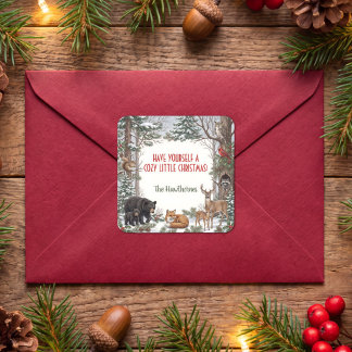 Personalisiertes gemütliches Waldtier-Weihnachten Quadratischer Aufkleber