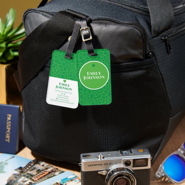 Personalisiertes geometrisches grünes Blatt mit in Gepäckanhänger (Vorderseite & Rückseite)