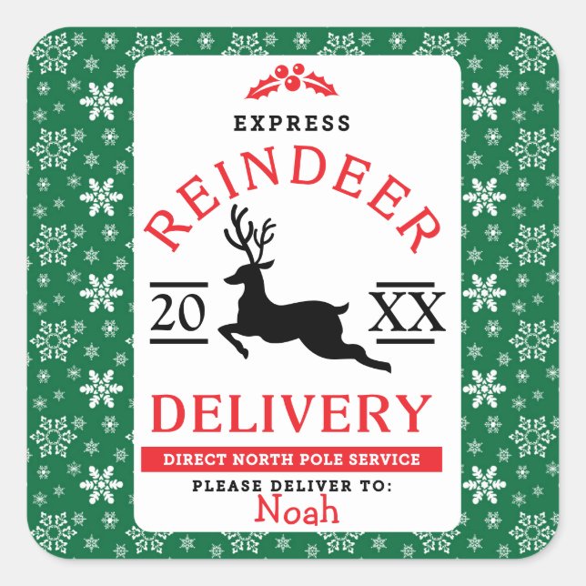 Personalisiertes Geschenk für die Express-Rentier- Quadratischer Aufkleber (Vorderseite)