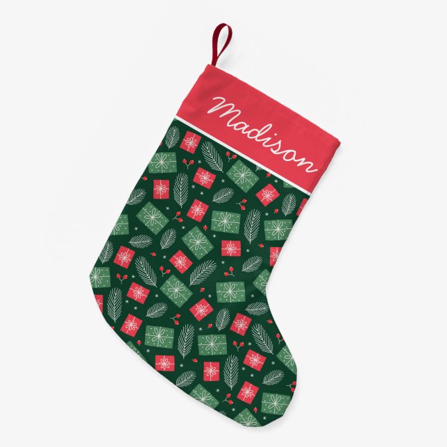 Personalisiertes Geschenkmuster für Rot und Grün Kleiner Weihnachtsstrumpf (Vorderansicht (hängend))