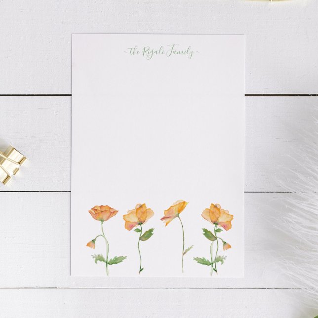 Personalisiertes Geschirr für Wasserfarben Orange  Mitteilungskarte (note card with watercolor poppies in shades of orange personalized with your name.)