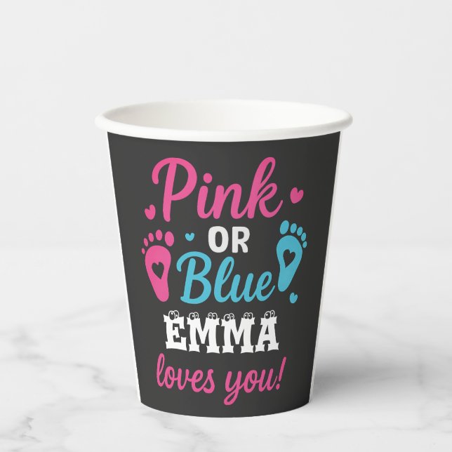 Personalisiertes Geschlecht zeigt rosa oder blaues Pappbecher (Vorderseite)