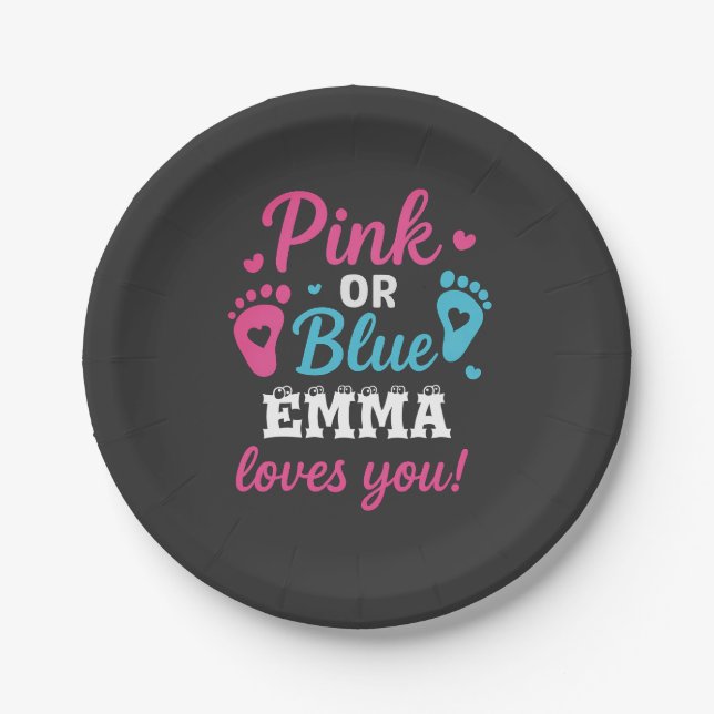 Personalisiertes Geschlecht zeigt rosa oder blaues Pappteller (Vorderseite)