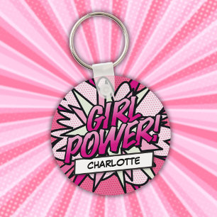 Personalisiertes GIRL POWER Comic-Heft Rosa Schlüsselanhänger