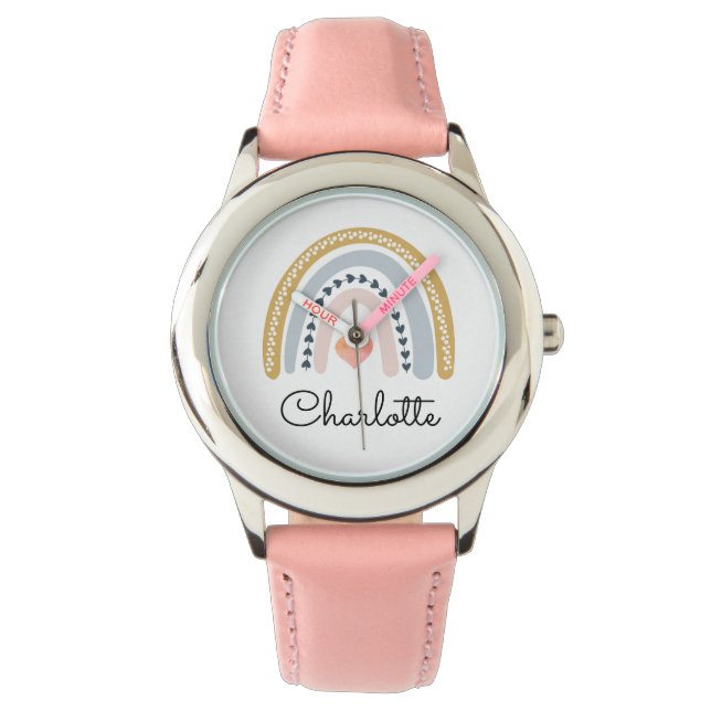 Personalisiertes Girl's Boho Wasserfarbe Regenboge Armbanduhr (Vorderseite)