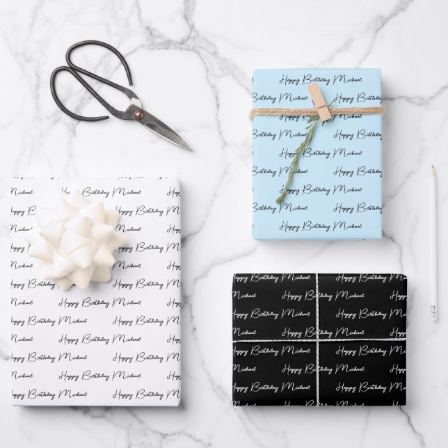 Personalisiertes Glück zum Geburtstag Blau, Schwar Geschenkpapier Set (Vorderseite)