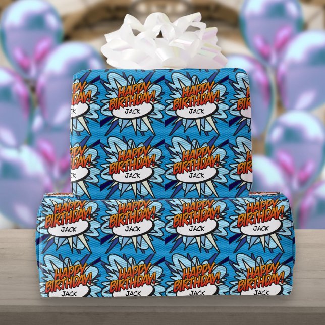 Personalisiertes GLÜCKLICHES GEBURTSTAG Comic Pop  Geschenkpapier (Personalised HAPPY BIRTHDAY Comic Book Pop Art Wrapping Paper)